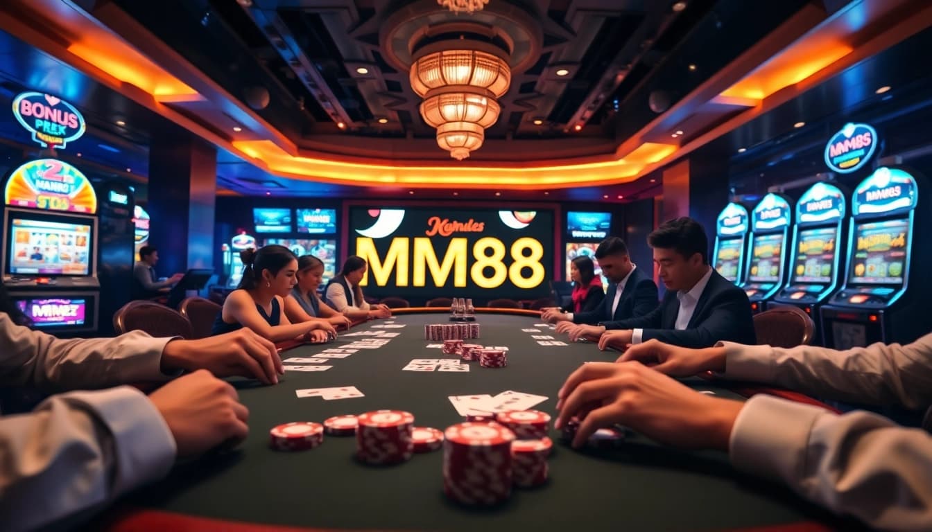 Experience the excitement of MM88 in a luxurious casino setting with poker tables and vibrant slots.