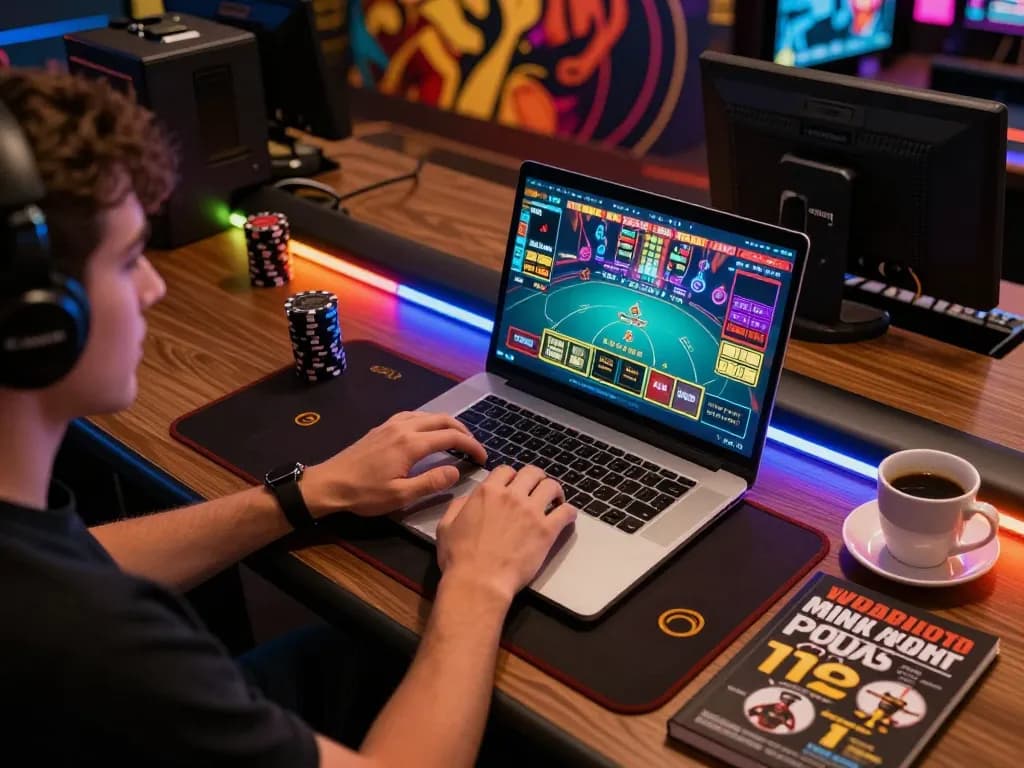 Engaging scene of a player using okwin for online casino games at home, showcasing interactive betting on laptop.