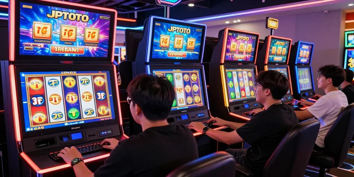 Exciting atmosphere of players engaging with JPTOTO's online slot games in a vibrant gaming environment.