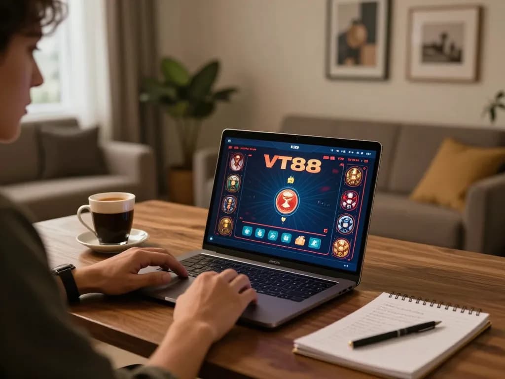 Player enjoying VT88 online gaming experience with laptop and notes in cozy home.