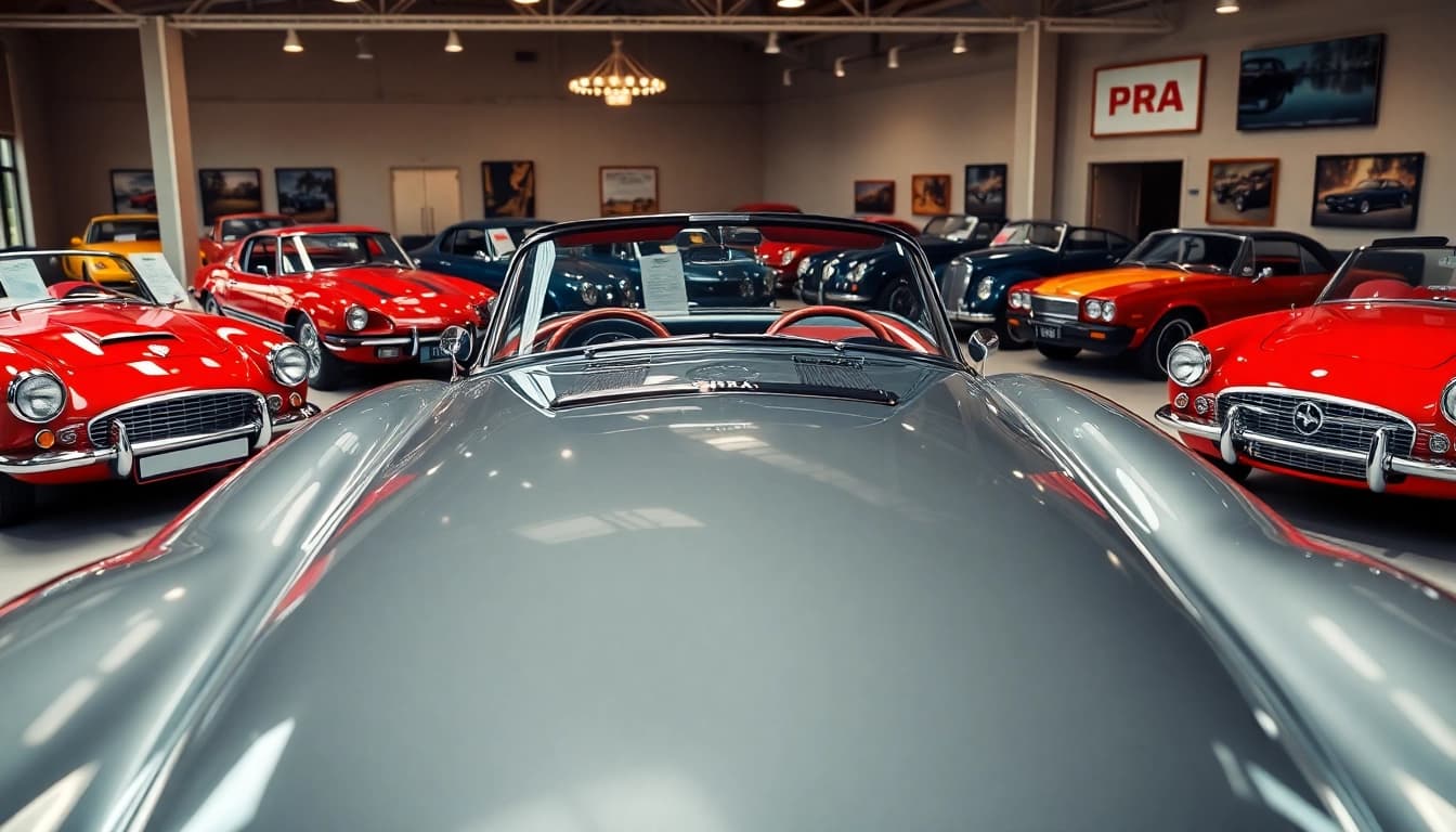Showcase of PRA Classic Cars in a stunning vintage car showroom environment.