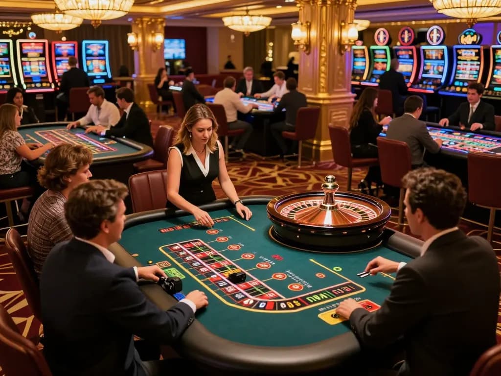 Players enjoying thrilling roulette action at vipwin's vibrant casino tables, showcasing excitement and elegance.