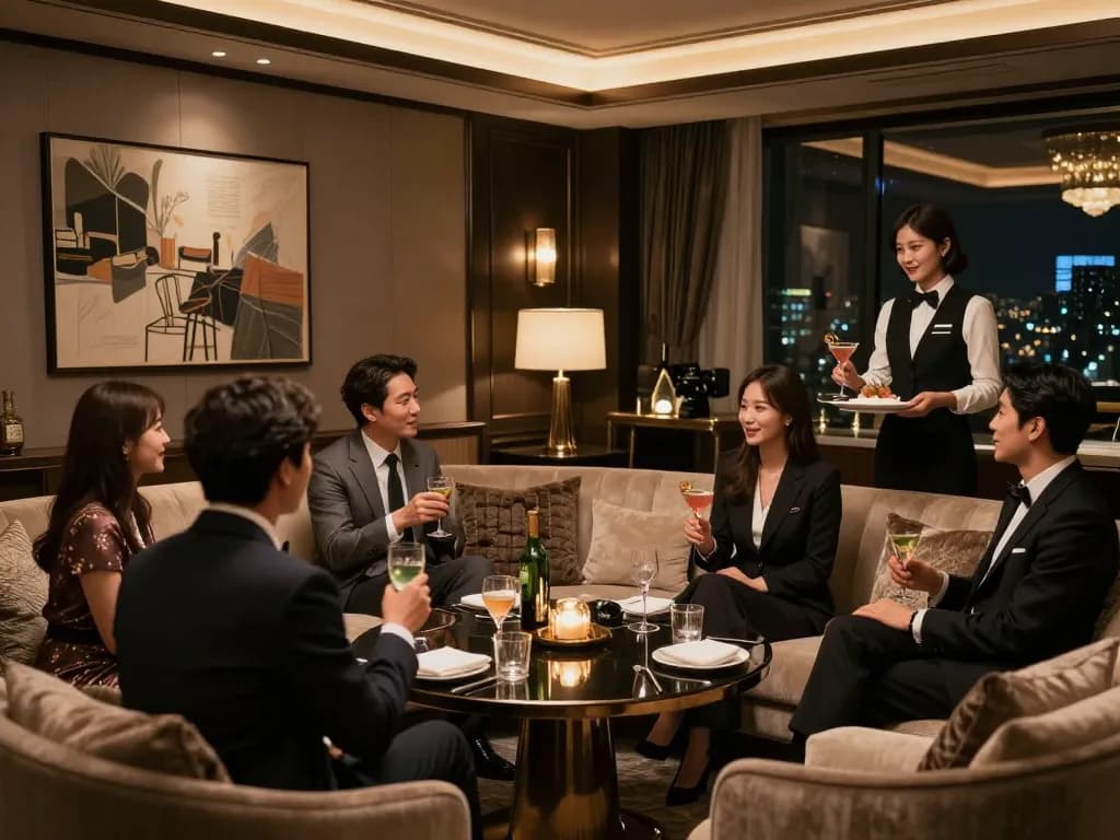 Experience 강남쩜오's elegant private room ambiance with luxurious decor and sophisticated service.