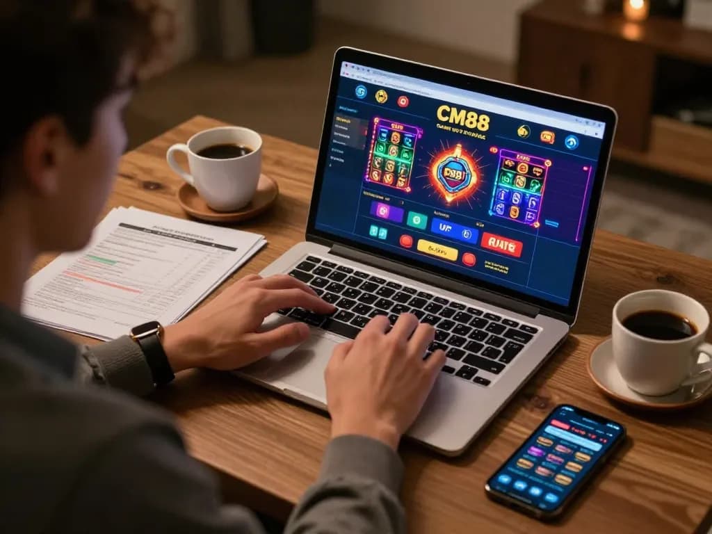 Player strategizing on CM88 online casino, laptop displaying poker game, cozy home atmosphere.
