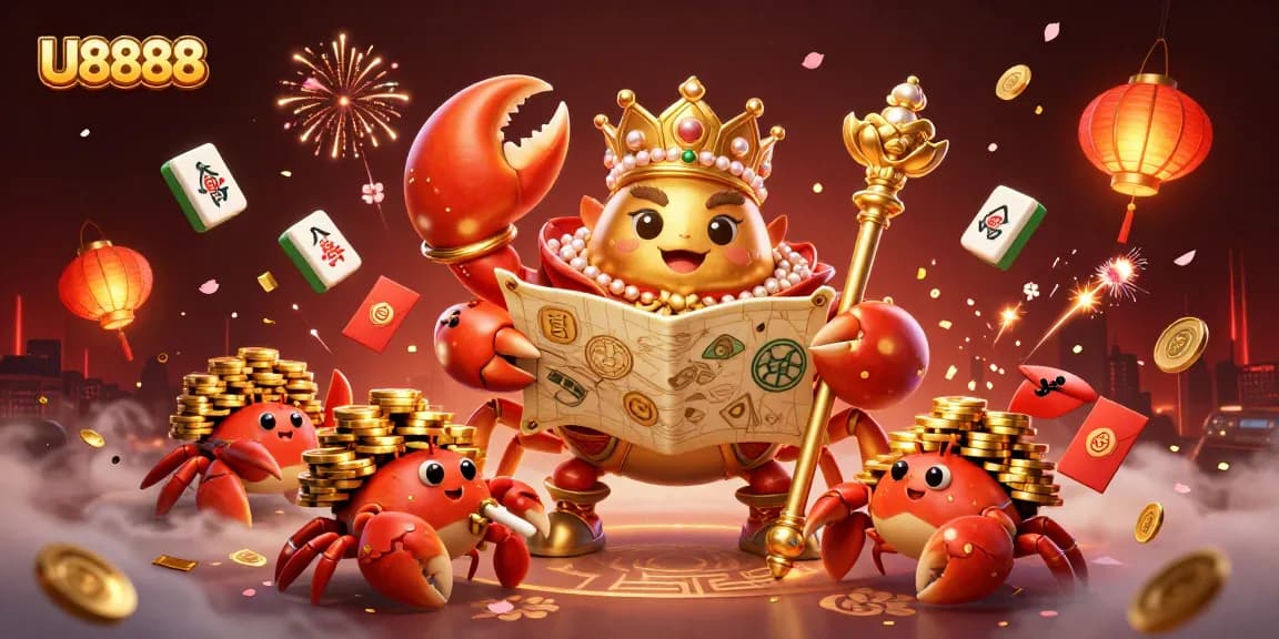 Experience the thrill of U8888 with a dazzling 3D illustration featuring a golden crab emperor and vibrant gambling elements.