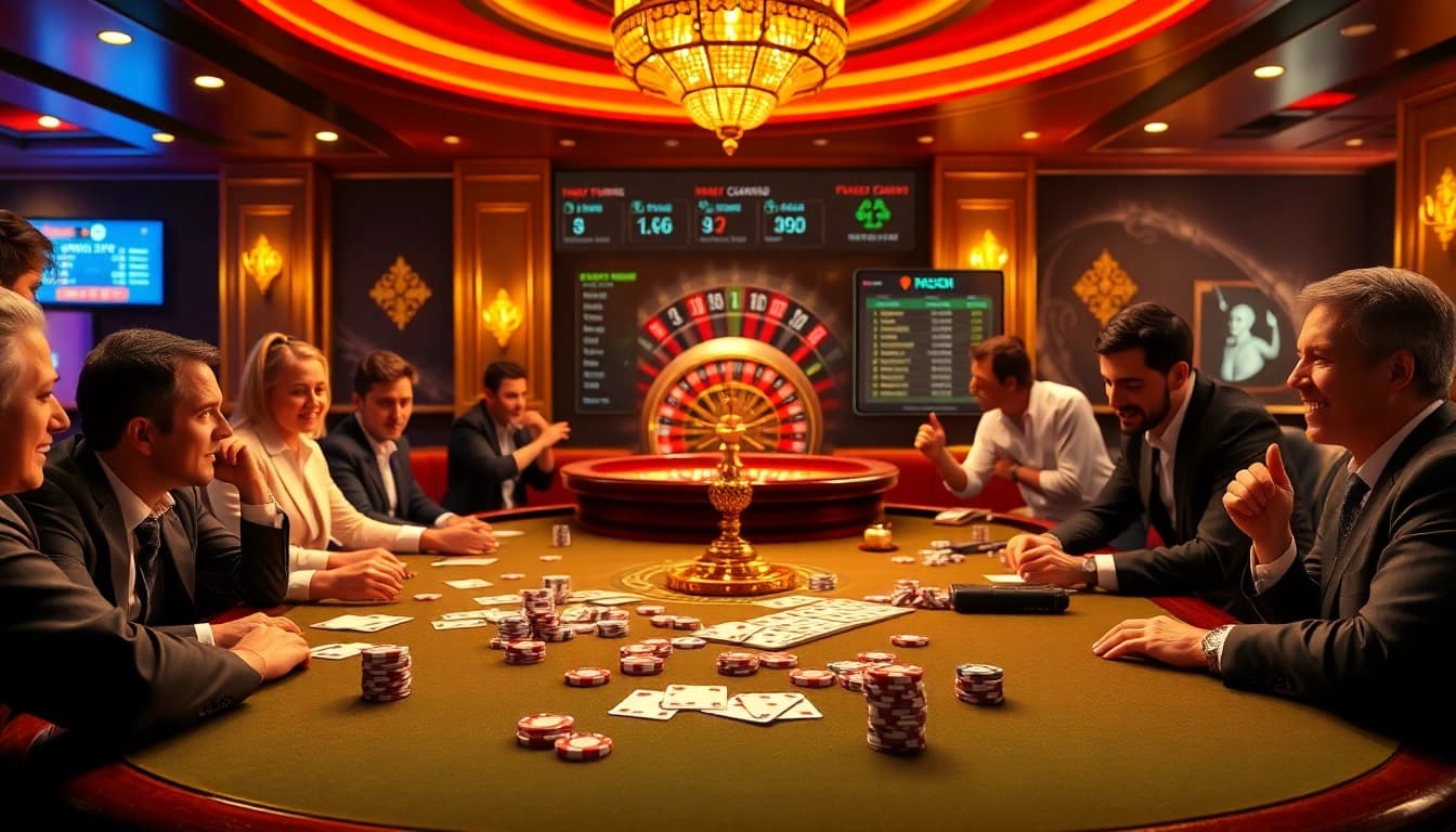 Pemain yang terlibat dalam idn poker di meja kasino yang ramai, menunjukkan semangat dan profesionalisme dalam perjudian.