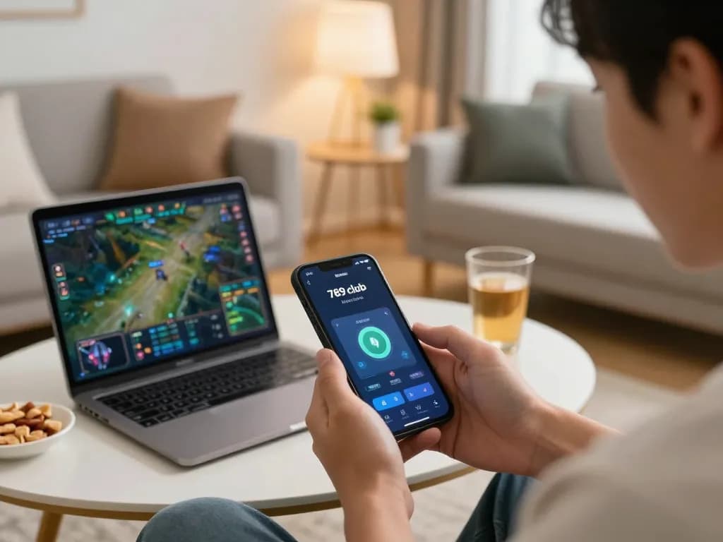 Player enjoying 789 club on smartphone while responsibly gaming in a modern living room