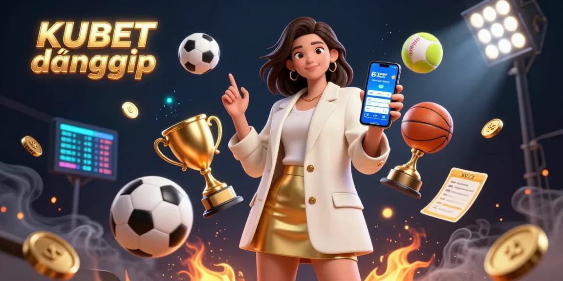 KUBET đăng nhập experience with a beautiful Asian woman advertising sports betting, surrounded by dynamic sports elements.