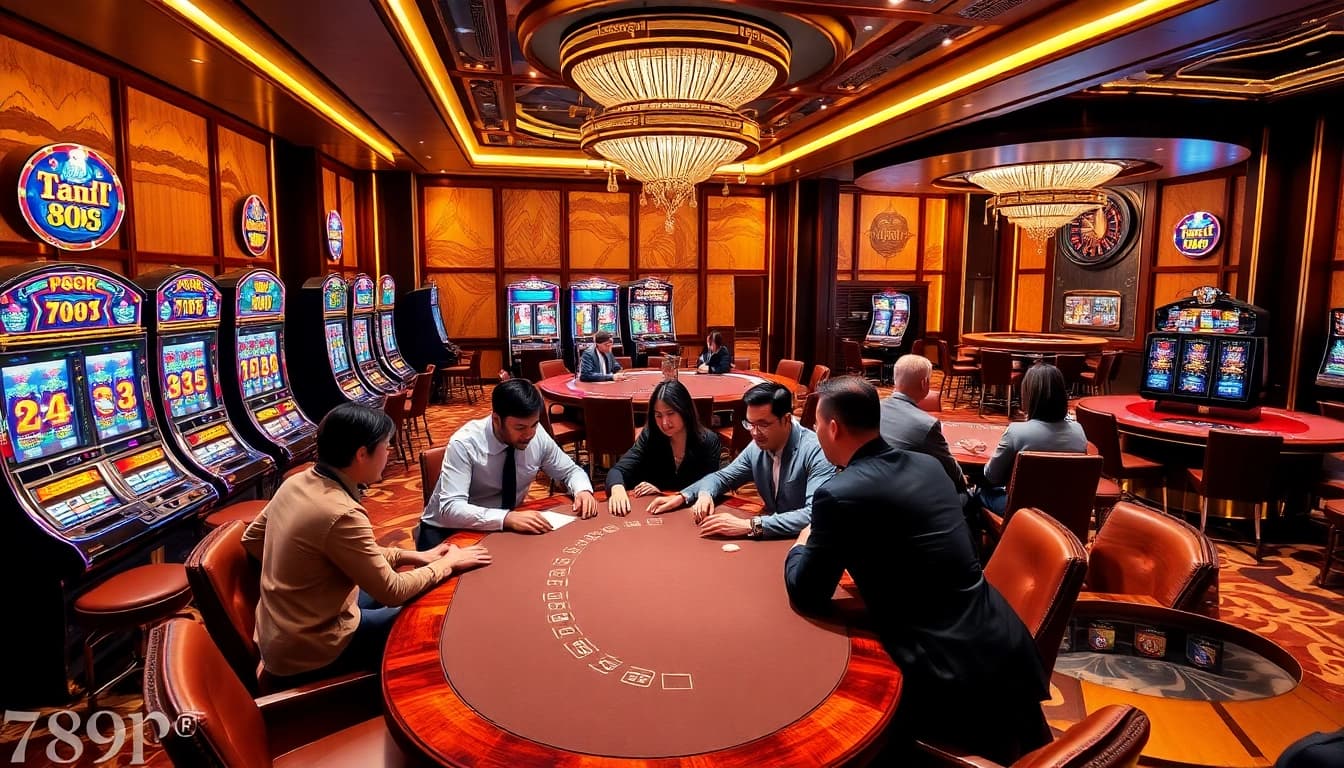 Engaging casino players at 789P with vibrant slot machines and luxurious gaming tables.