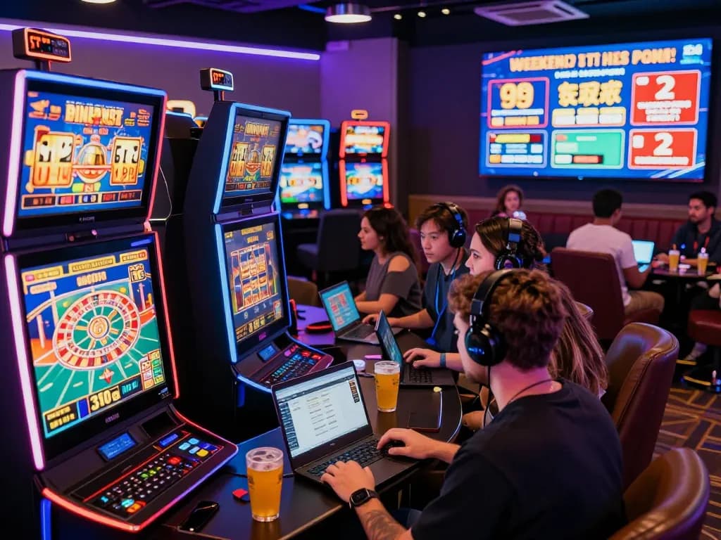 autowin88 online gaming players enjoying vibrant casino atmosphere with modern devices