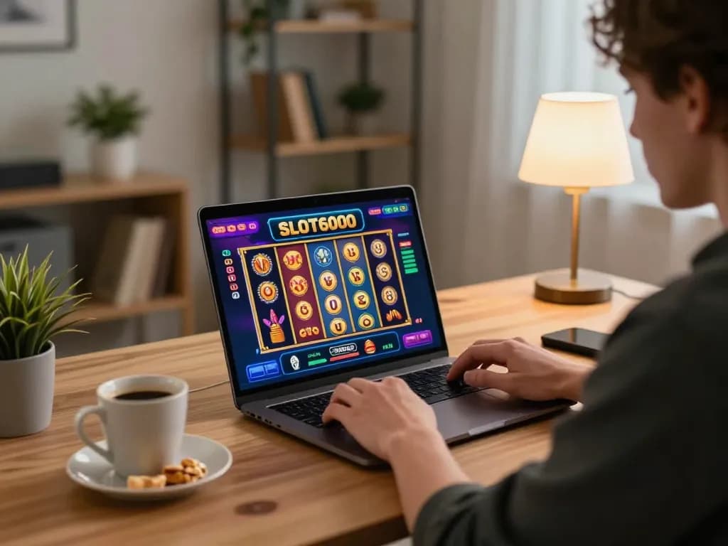 SLOT6000 player enjoying a thrilling gaming session at home with vibrant online slot display.
