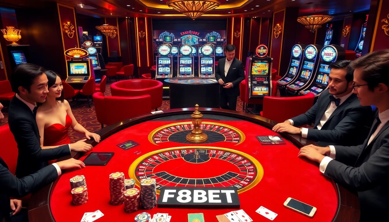 Experience the excitement of F8BET at a luxurious casino, featuring elegant players and vibrant roulette tables.