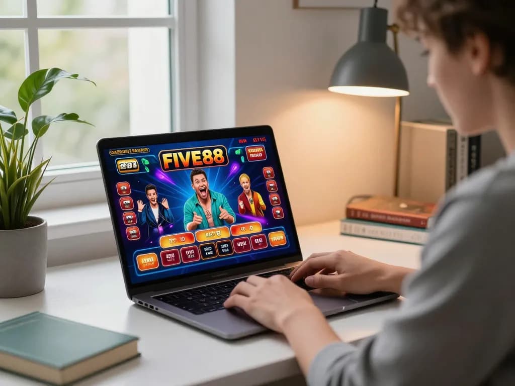 Excited player accessing FIVE88 gaming interface on laptop in a cozy home setting