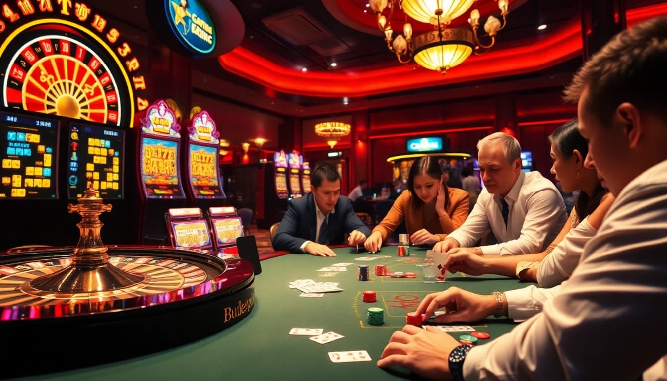 Excited players engage in game bài đổi thưởng at a luxurious casino table with poker chips and cards.