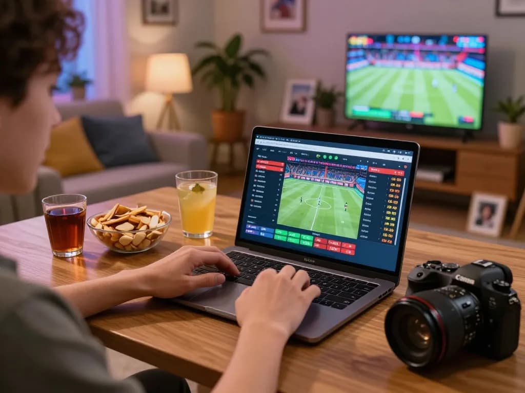 Engaging in online sports betting with cakhiatv capital on laptop in cozy living setting.