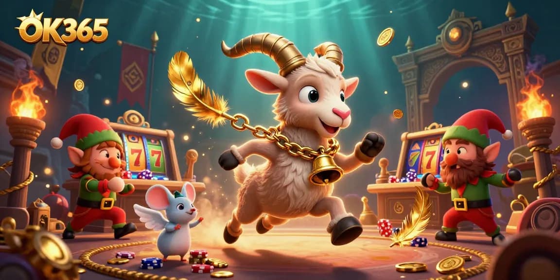 Engage with the vibrant OK365 casino scene featuring a Krampus goat and elf gremlins amidst flying poker chips.