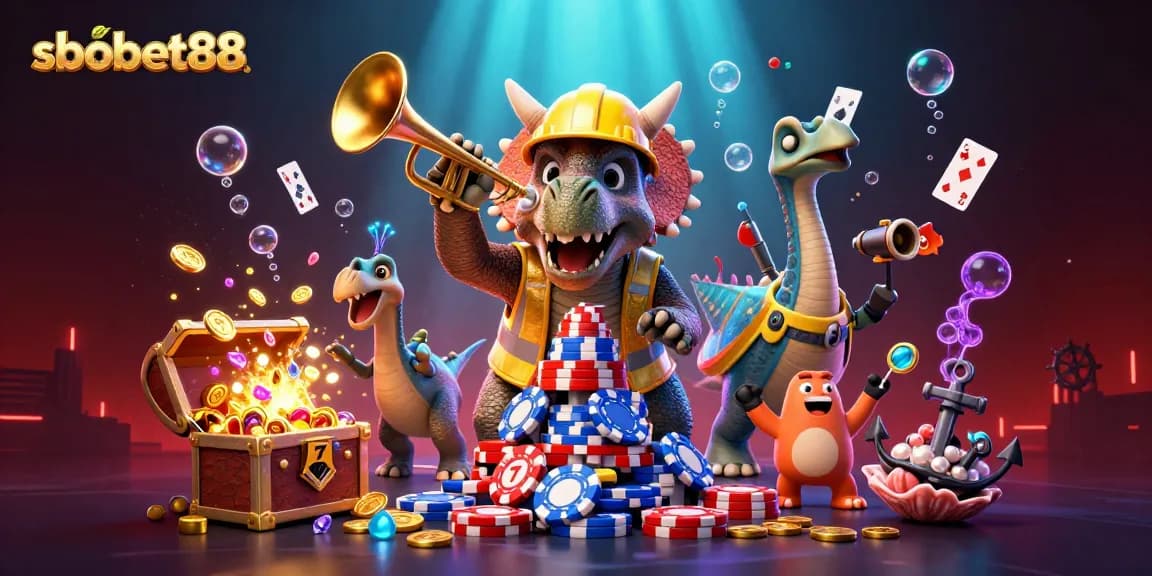 sbobet88 players engaging in a vibrant casino scene filled with poker chips and underwater treasures