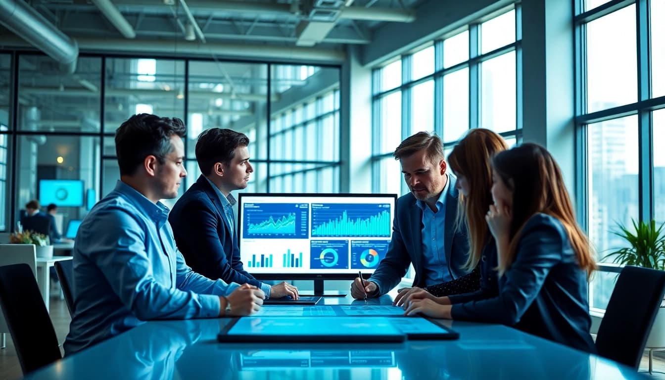 Analyze competitive intelligence faqs in a collaborative office environment with data visuals.