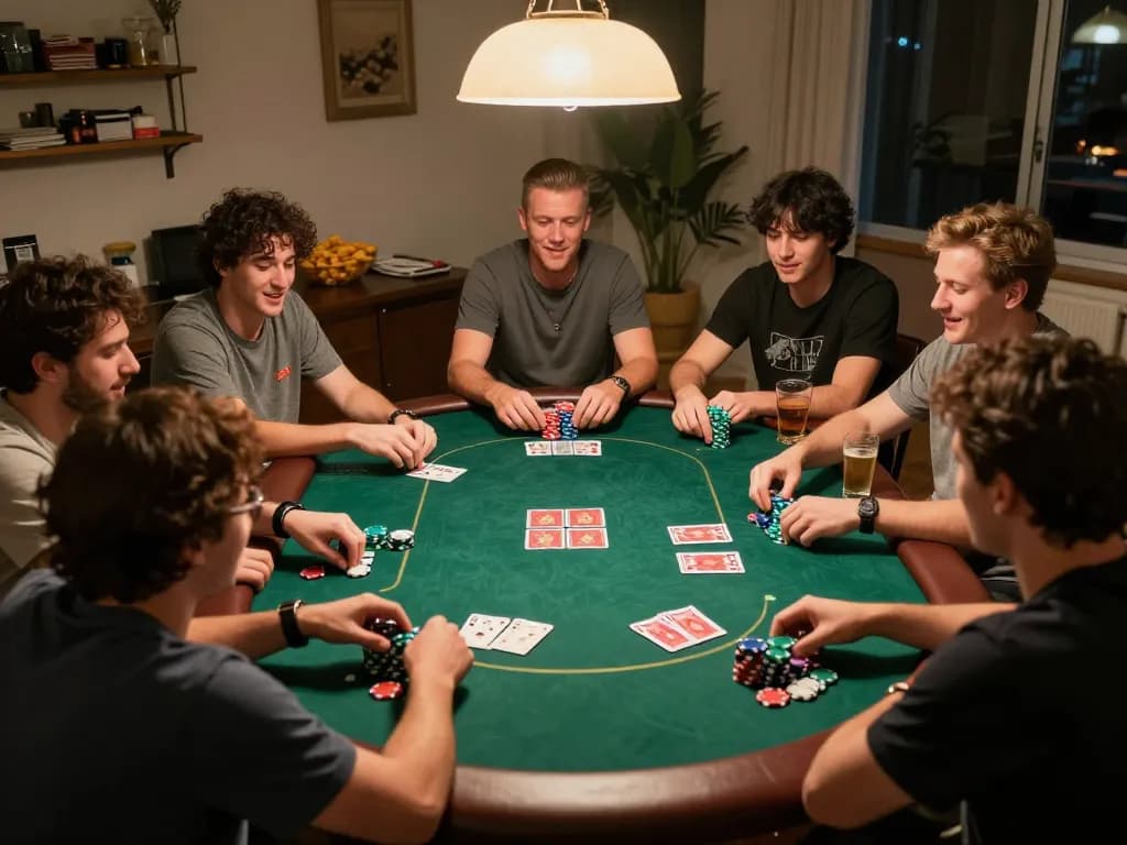 Friends enjoying a thrilling poker game at home, showcasing the excitement of kp88.com gaming experience.