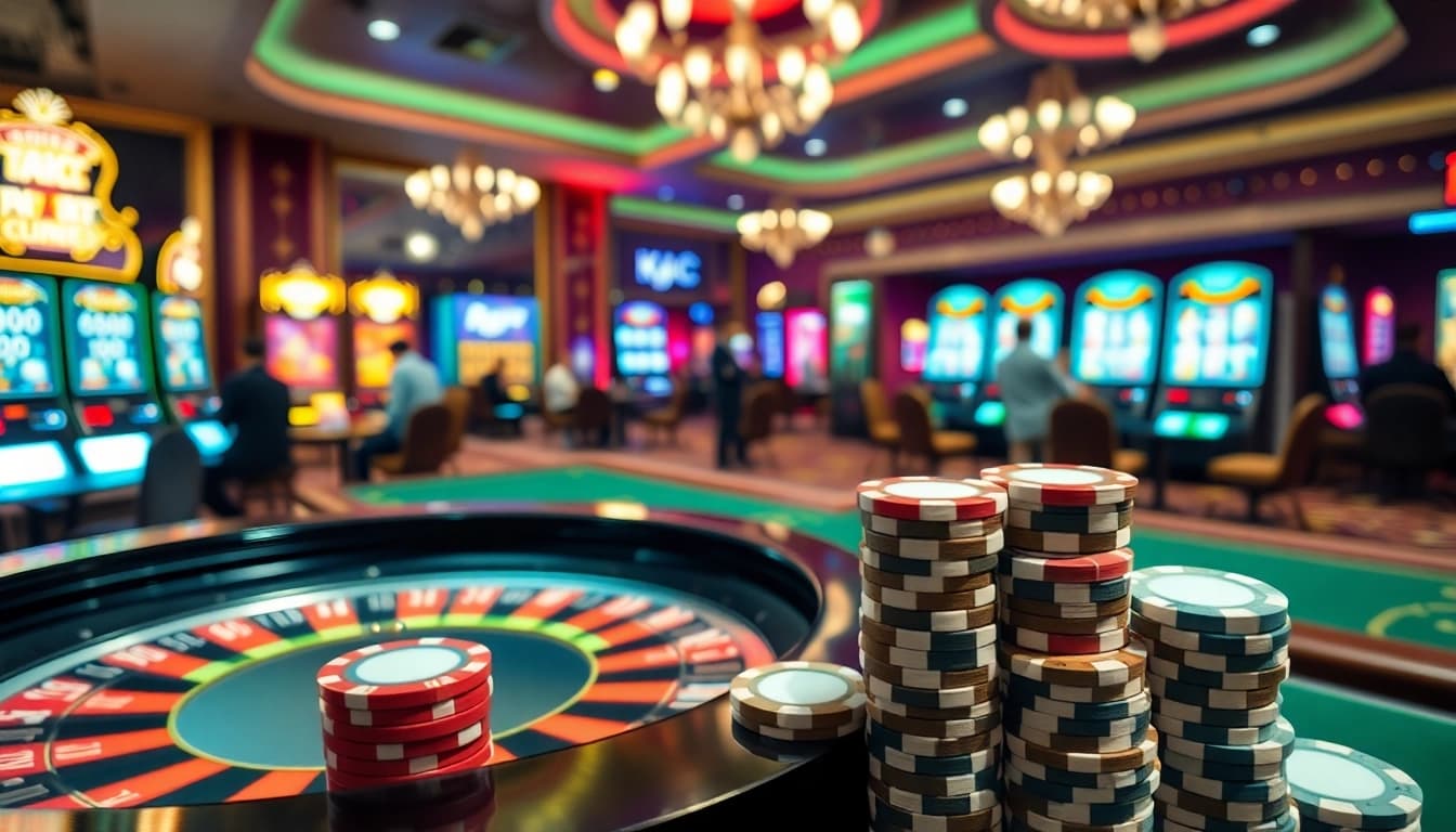 KJC AC online casino scene featuring engaging poker tables and vibrant slot machines.