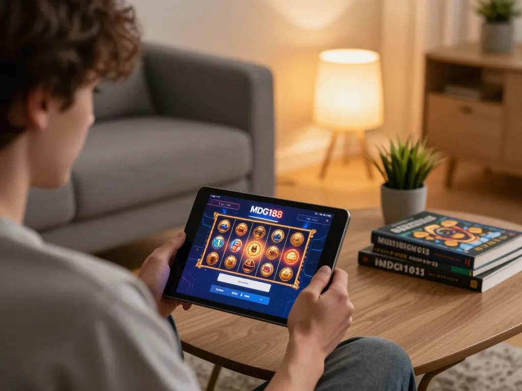 Player accessing MDG188 login screen for immersive online gaming experience in cozy home environment