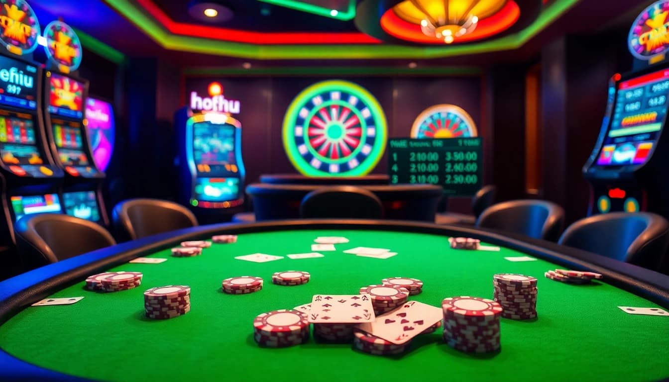 Nohu Casino Scene: Players enjoying a luxurious poker table with chips and cards.