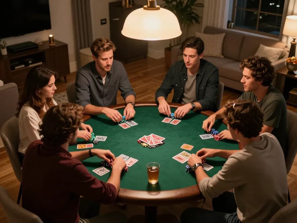 Cách Chơi Bài Tấn during an engaging home poker night with friends, showcasing cards and chips.
