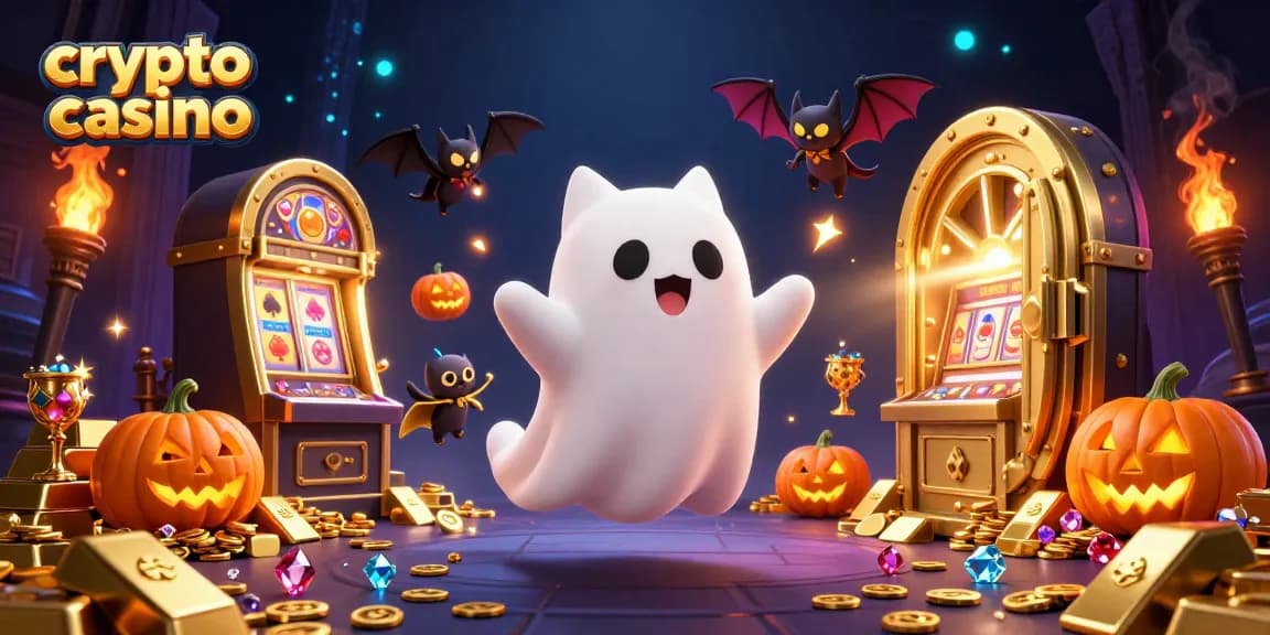 Scopri il mondo del crypto casino con un gatto fantasma e un pipistrello, circondati da tesori e vibrazioni vincenti.