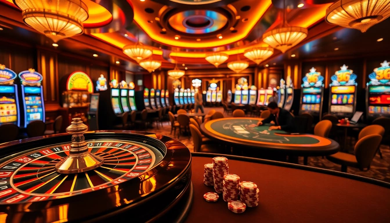 Experience the excitement of nhà cái da88 with vibrant casino visuals showcasing roulette and slot machines.