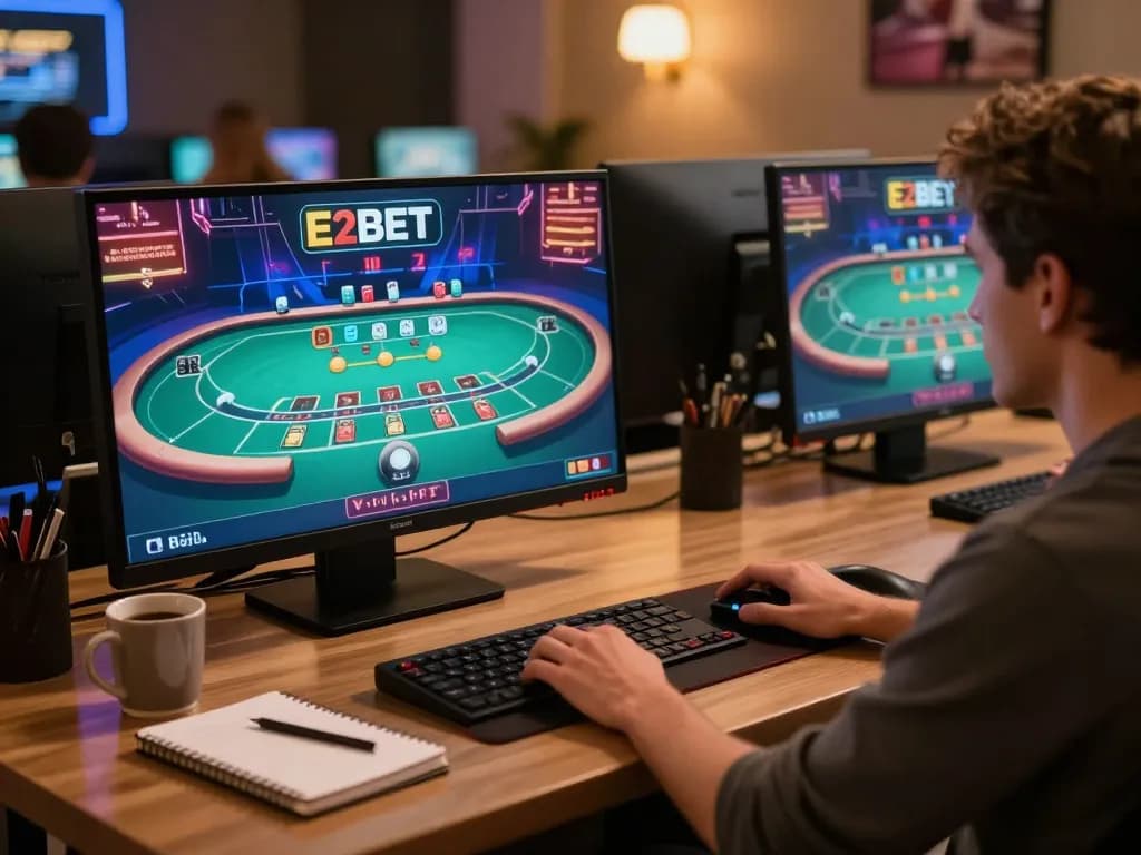 Engaging in a live dealer game on E2BET, showcasing strategic online gambling atmosphere with a cozy setup