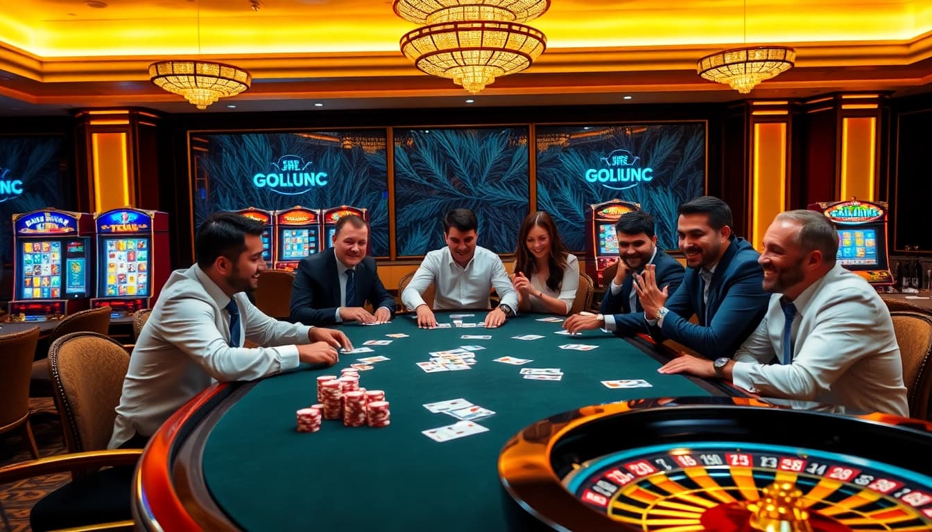 Jogoluck players strategizing at a glamorous poker table in a luxurious casino setting.