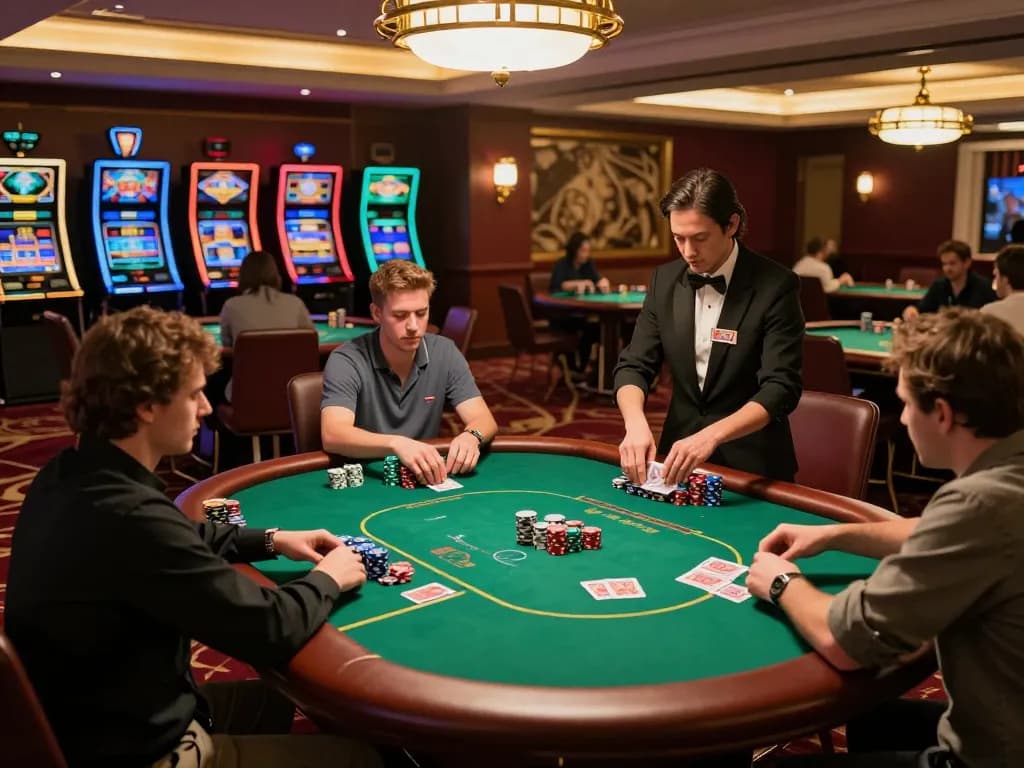 Players engaging in strategic poker gameplay at lu88.jpn.com in an elegant casino setting.