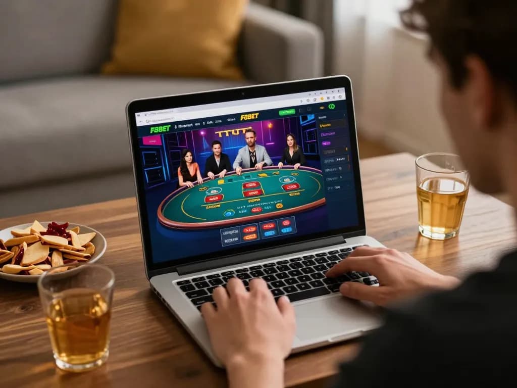Player enjoying F8BET online casino game on laptop with snacks in a cozy setup.