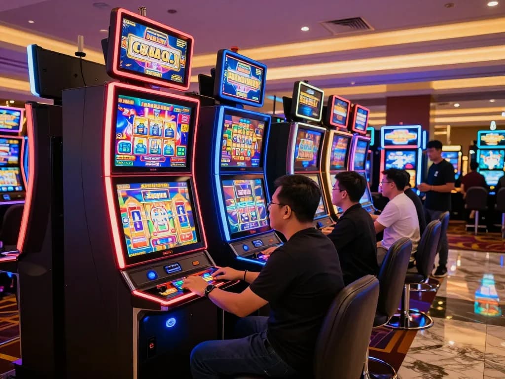 Players enjoying slot gacor games at a lively casino with colorful displays and an exciting atmosphere.