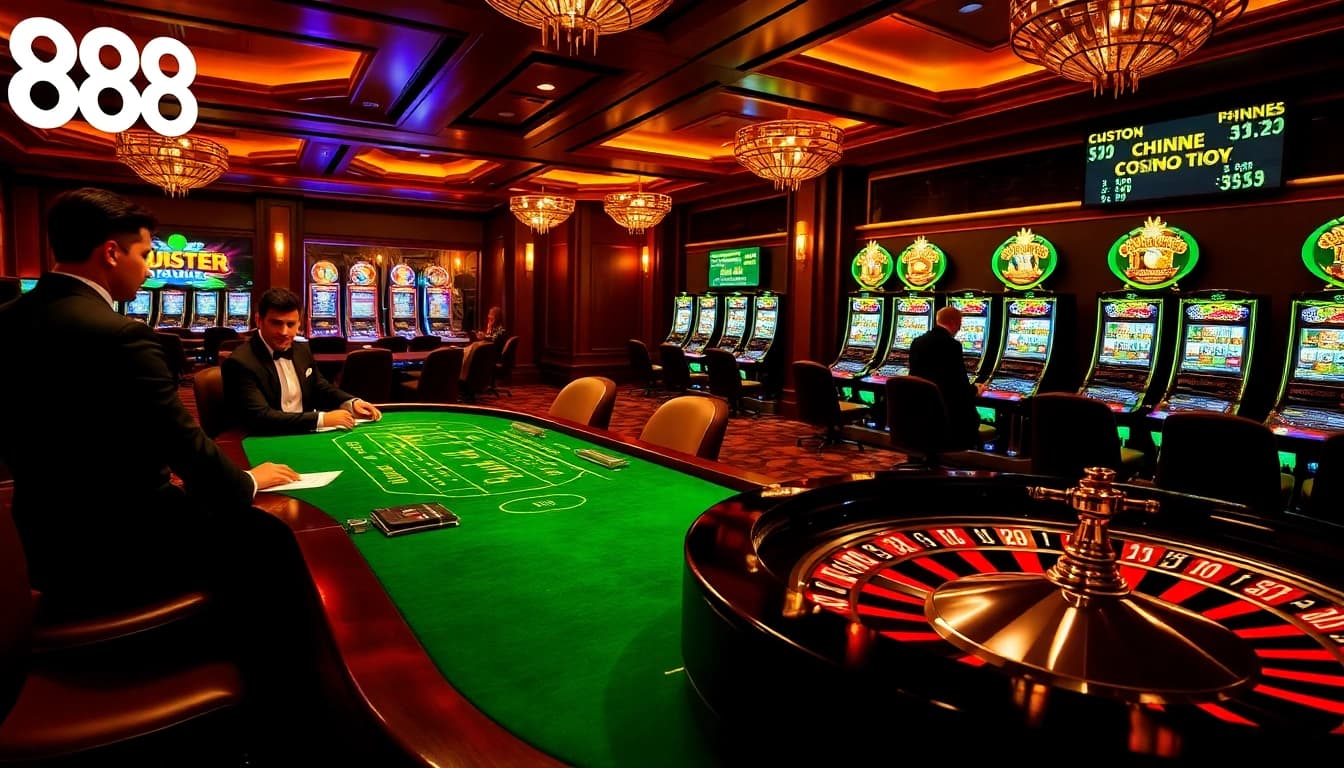 Experience high-stakes gaming at 888NEW with vibrant casino tables and excited players.