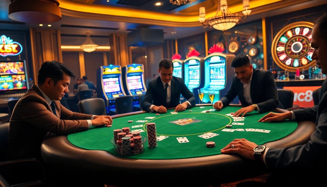 Players experiencing high-stakes poker at FC88 casino, surrounded by vibrant chips and games.