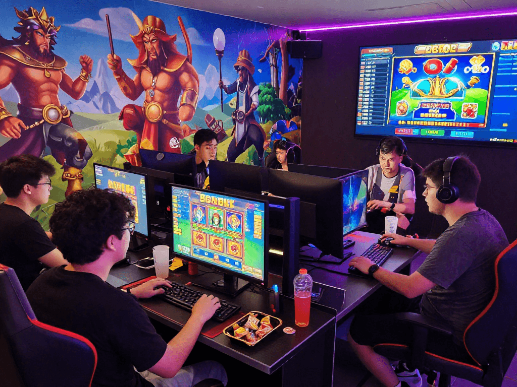 Exciting group of players enjoying bonus buy slots at chagency.co.uk, vibrant gaming atmosphere with colorful visuals.