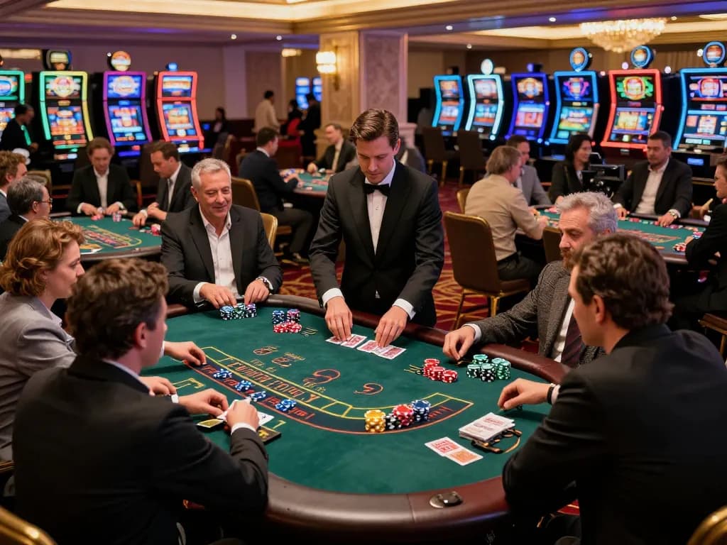 RIKBET blackjack players strategizing bets at a vibrant casino table surrounded by excitement.