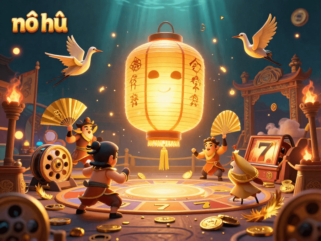 Nổ hũ slots jackpot illustration featuring a golden lantern spirit amidst casino games and lucky symbols.