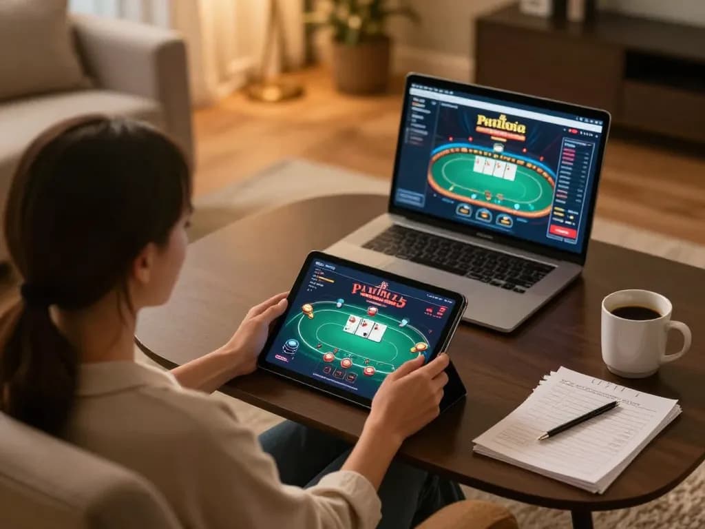 Player engages with SHBET's online casino on a tablet in a cozy home setting, emphasizing interactive gaming experience.