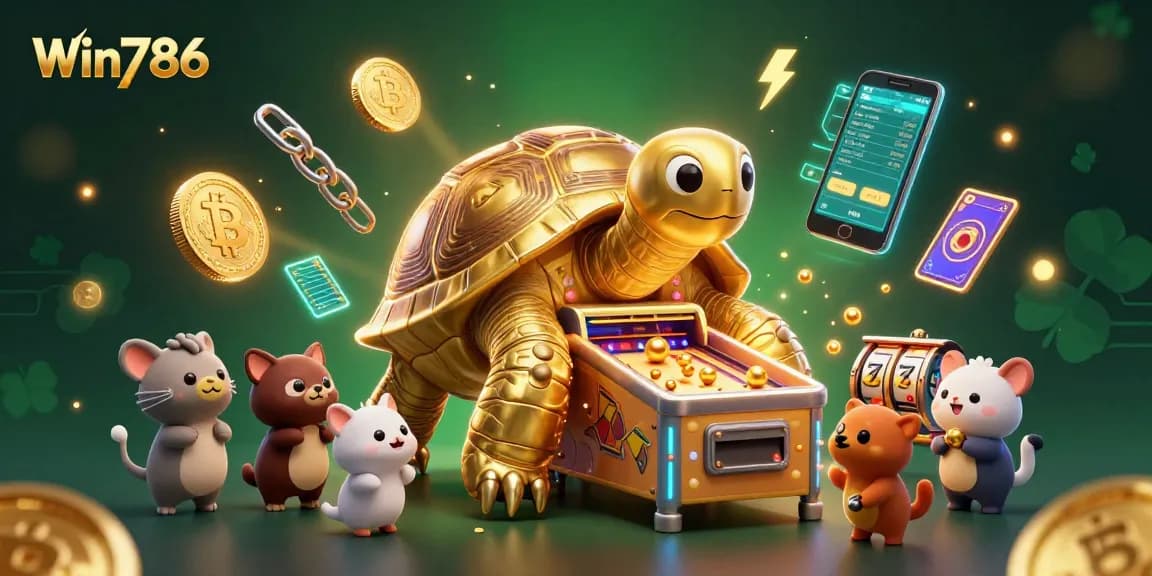 Win786 offers exciting gaming with a pinball tortoise and vibrant crypto elements.