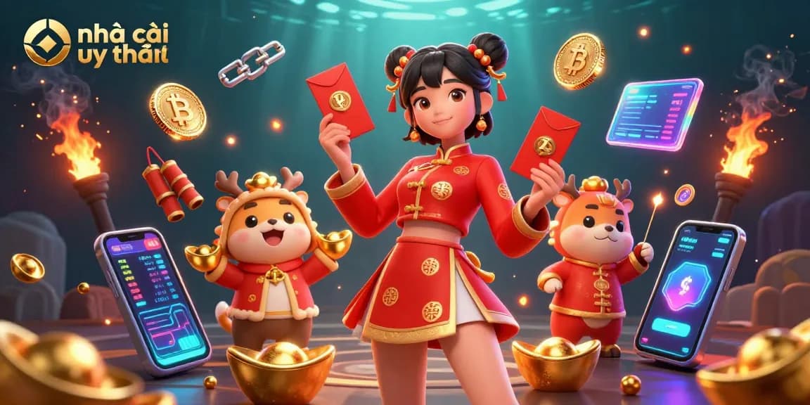 Engage with nhà cái uy tín through an exciting casino scene featuring vibrant characters and crypto elements.