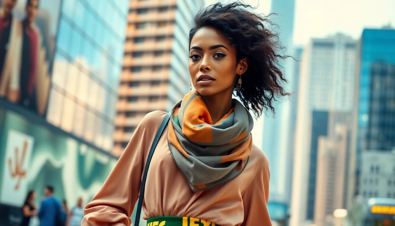 Fashion model showcasing vibrant outfit in an urban setting, exuding confidence and style.