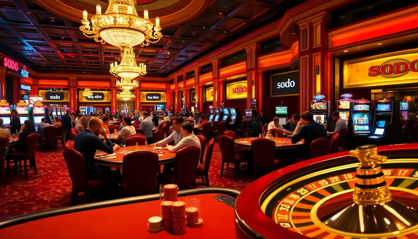 SODO casino scene featuring engaged players at poker and roulette tables with vibrant lighting.