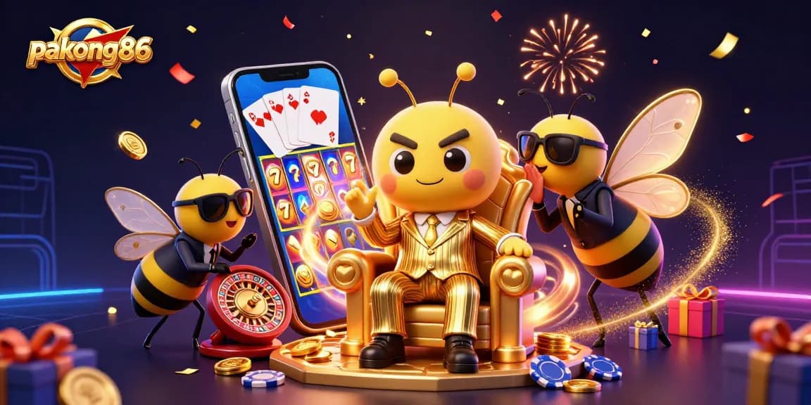 pakong86 buzzes with excitement amidst a vibrant casino scene featuring slots, poker, and confetti.