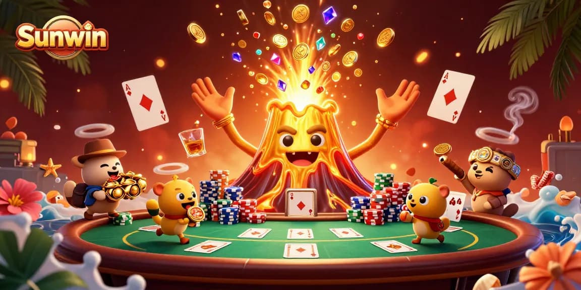 Engage with Sunwin's vibrant casino experience as golden treasures flow from a volcanic celebration.
