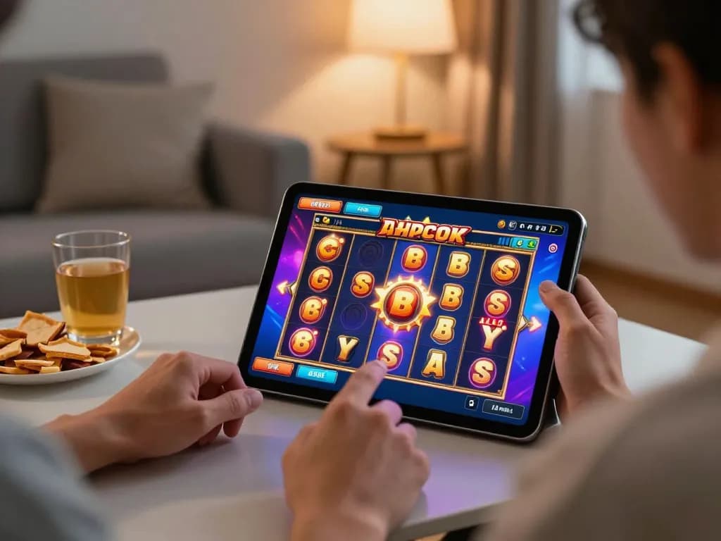 Engaging in an exciting slot gacor session on a tablet, showcasing big wins and vibrant colors
