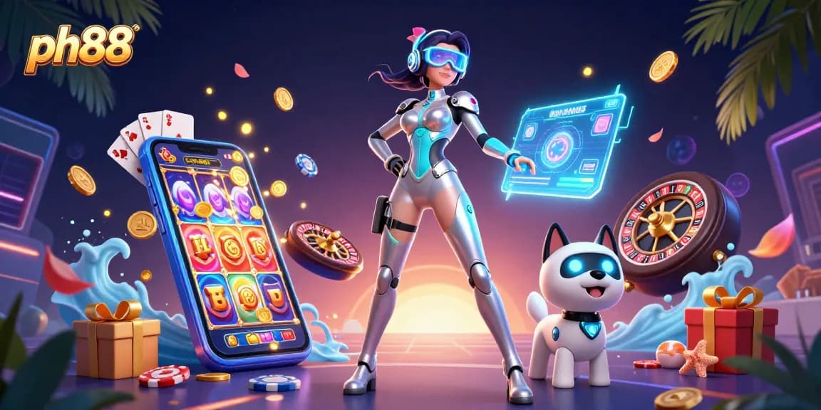 Experience exciting wins at ph88 with a futuristic lady, robot dog, and vibrant casino elements.