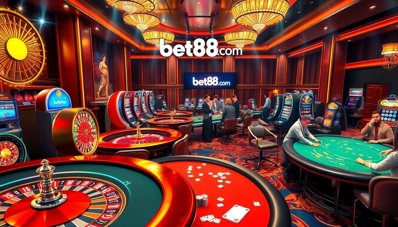 Engaged players celebrating wins at Bet88 com casino tables with roulette and card games.