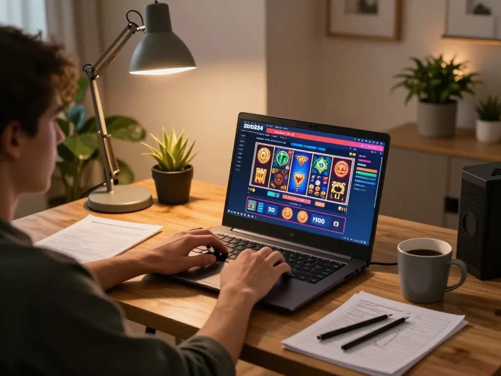 Engaging player on zood24 online casino interface showcasing vibrant slot games on a cozy home desk.